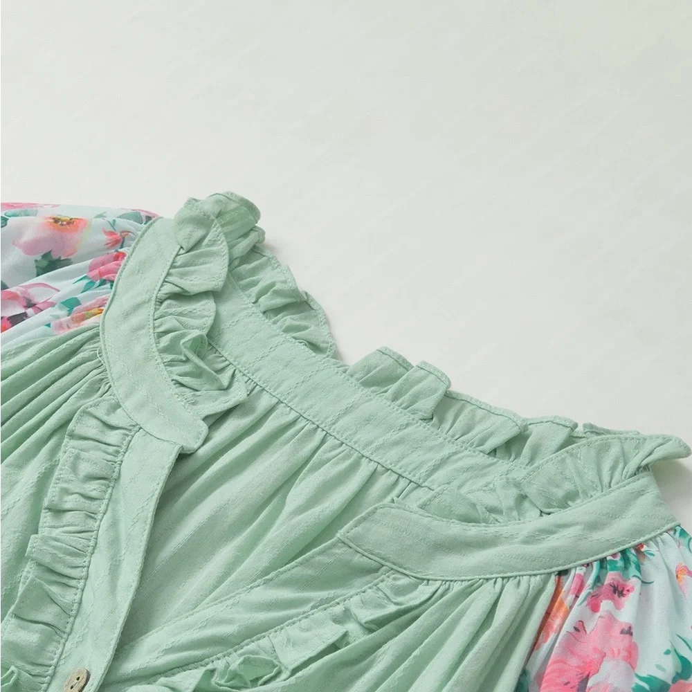 Green Printed Floral Patchwork Frilled Split
Neck Blouse Bohemian Top - Picture 8 of 16
